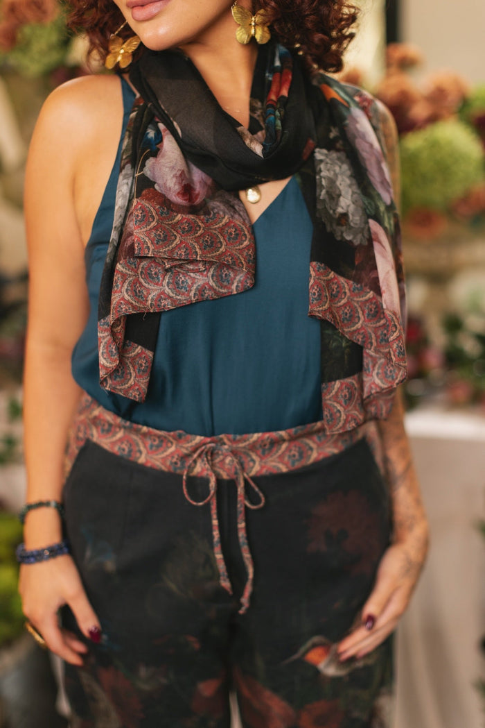 Hummingbirds and vintage floral artwork come to life on the Flight of Fancy Scarf – a lightweight, everyday scarf inspired by the paintings of Rachel Ruysch – Market of Stars.