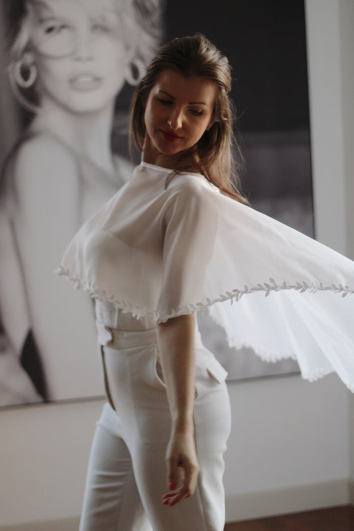 Floral Chiffon Wedding Cape - Velo Bianco