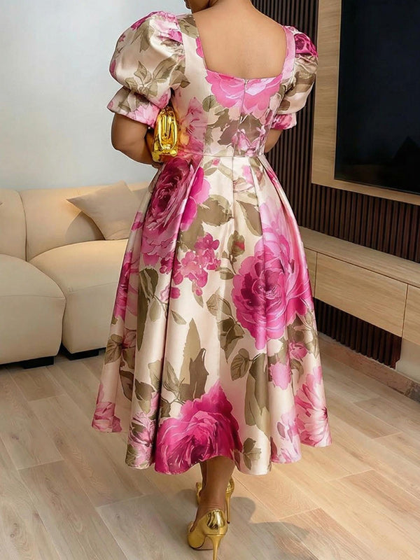 Floral Puff-Sleeve Midi Dress
