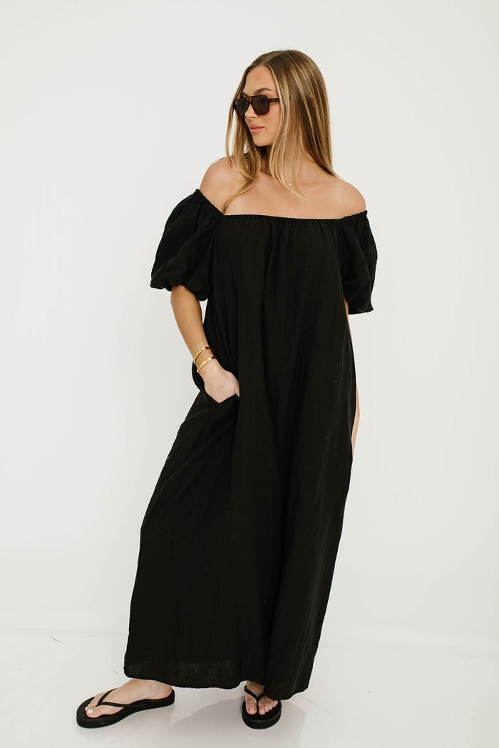 Genoa 100% Linen Maxi Dress in Black - Bump Friendly