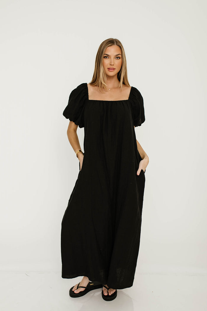 Genoa 100% Linen Maxi Dress in Black - Bump Friendly