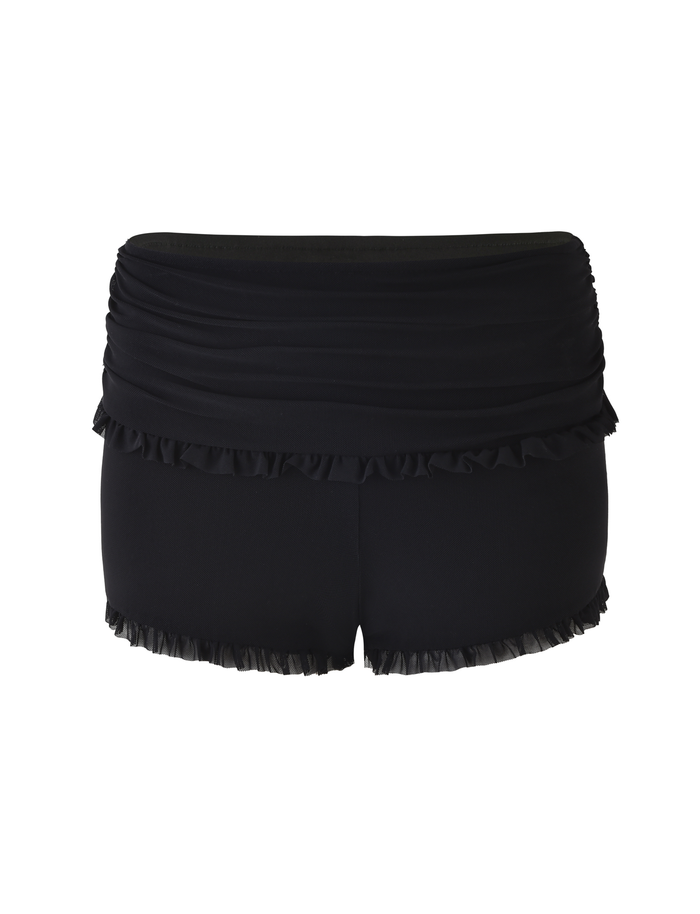 The TIGERMIST GINNY SHORT - BLACK features a high-waisted, bodycon fit with a ruched waistband and ruffle trim along the top and bottom edges, shown against a white background.