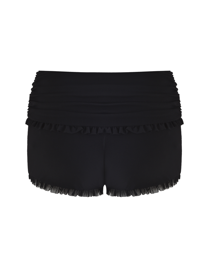 The TIGERMIST GINNY SHORT - BLACK features a high-waisted, bodycon fit with ruched sides, ruffled waistband, and hem. These smooth-finish mini shorts are showcased on a white background.