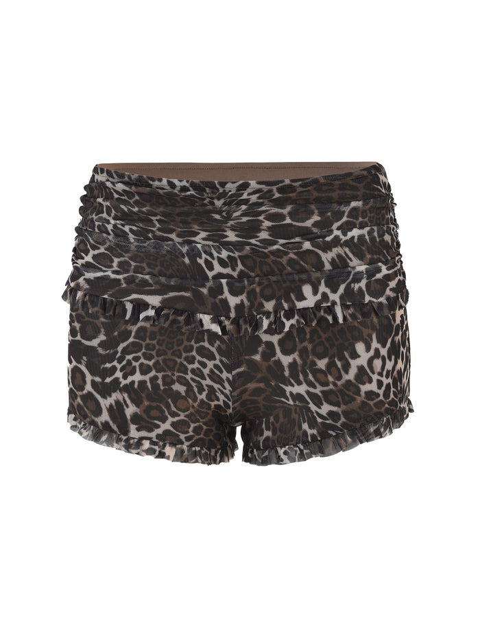 The GINNY SHORT - NEUTRAL : LEOPARD from TIGERMIST features a bodycon silhouette adorned with layered ruffle details, showcasing a striking leopard pattern in dark brown, black, and white.