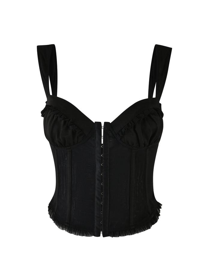 The Tigermist Ginny Top in black is a corset featuring thick shoulder straps and a flattering sweetheart neckline. Its delicate elegance is highlighted by subtle frill details along the neckline and bottom edge, while a secure hook-and-eye front closure adds practicality. Set against a plain white background, its refined design truly stands out.