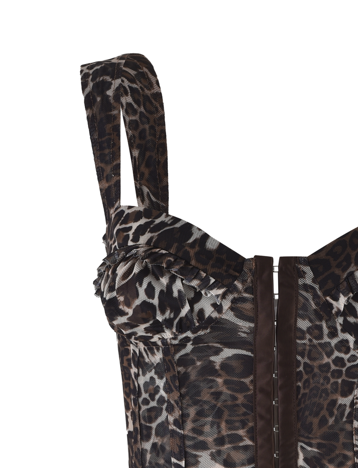 A close-up of the TIGERMIST GINNY TOP - NEUTRAL : LEOPARD, a sleeveless, fitted bustier with a brown and black leopard print, structured cups, and vertical seams for a flattering silhouette.