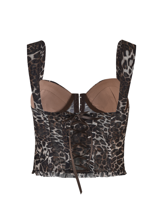 Back view of the GINNY TOP - NEUTRAL : LEOPARD by TIGERMIST, a leopard print crop top with thick straps, low-cut neckline, lace-up back, brown lining, and a flattering bodycon fit.