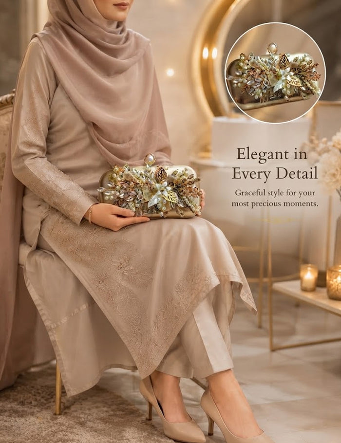 "Gold Leaf Floral Clutch – Pearl Clasp Evening Bag with Botanical Spray"