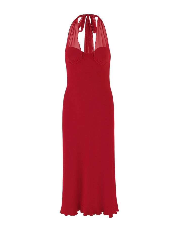 The GRANGER MIDI DRESS in CHERRY RED by TIGERMIST, featuring a sleeveless halter neck design with a fitted bodice, ruffle detail, and flowing skirt, is displayed against a white background.