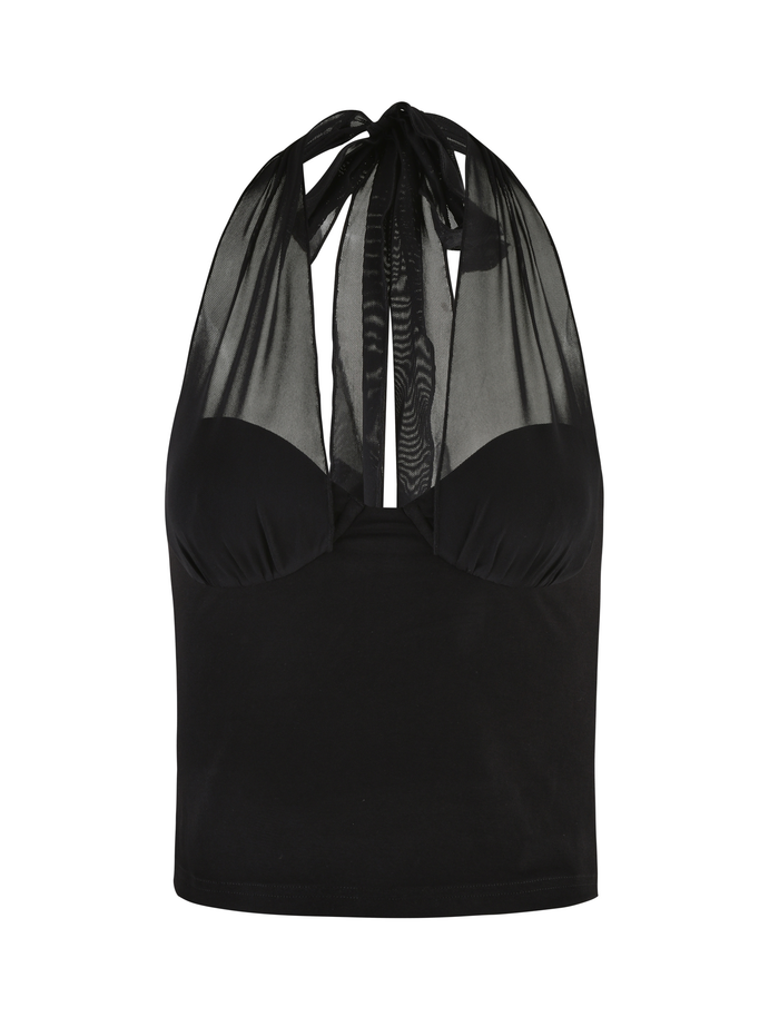 The GRANGER TOP - BLACK by TIGERMIST features a black halter neckline, sheer mesh covering the shoulders, a fitted bust, and a smooth solid lower part in a bodycon silhouette.
