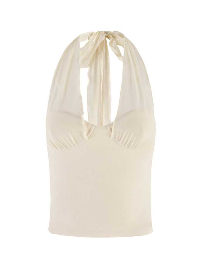 The GRANGER TOP - WHITE : CREAM by TIGERMIST showcases a halter neckline with a tied design and a ruched bust. Made from soft, form-fitting fabric, this sleeveless top provides a flattering bodycon fit, ideal for warm weather.