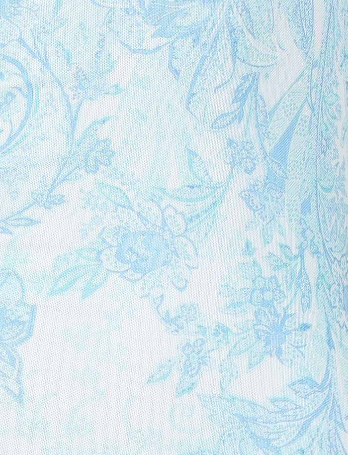 The GUILIANNA FRILL MAXI DRESS by TIGERMIST showcases a tapestry of light blue floral patterns, with its textured fabric adorned with intricate flower and leaf designs. The softly colored print provides an elegant visual appeal, further enhanced by an adjustable frill shoulder strap for added allure.