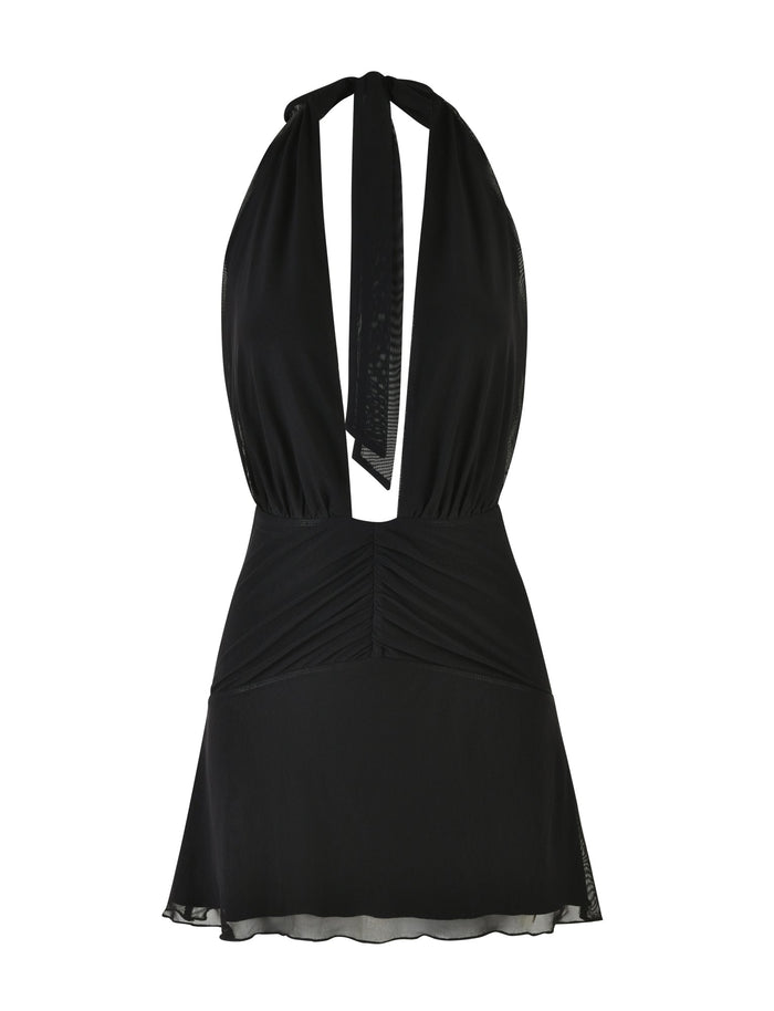 The HALIMA MINI DRESS - BLACK from TIGERMIST is a stunning black halter-neck mini dress that features a deep V-neckline, a fitted bodice with gathered details, and an A-line skirt that subtly flares at the bottom. This sleeveless dress exudes a flowy, elegant style ideal for any occasion.