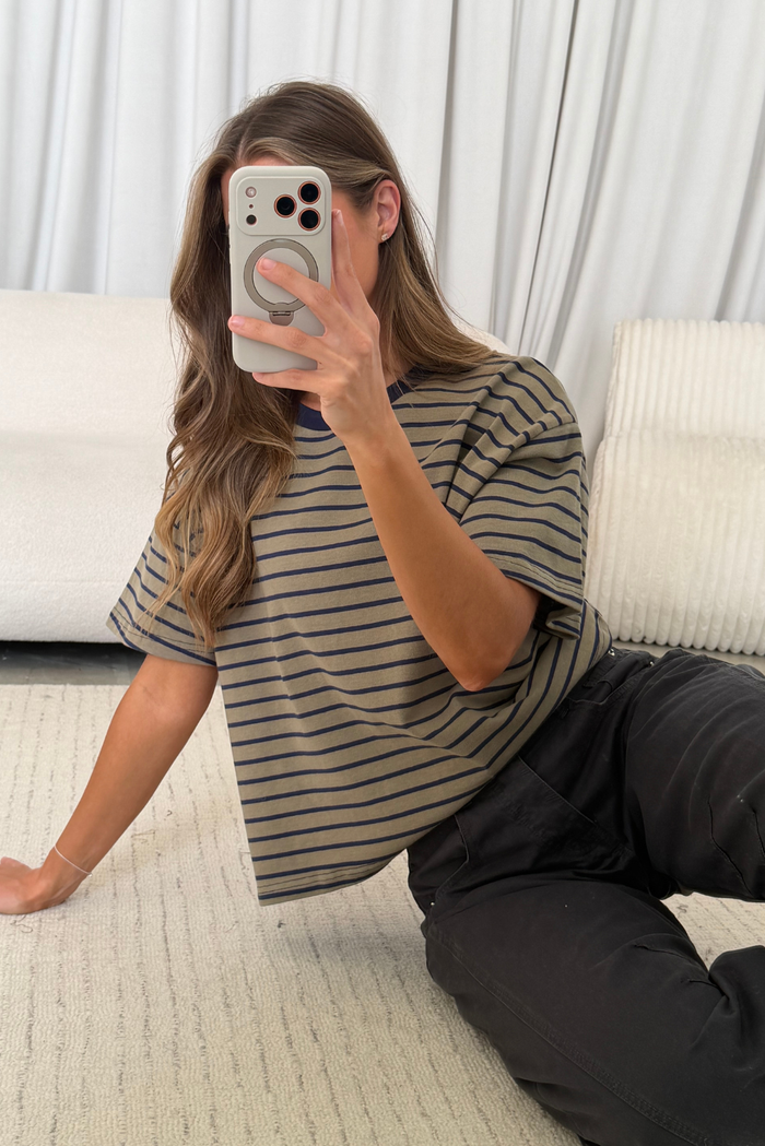 Hallie Striped Tee in Olive/Navy