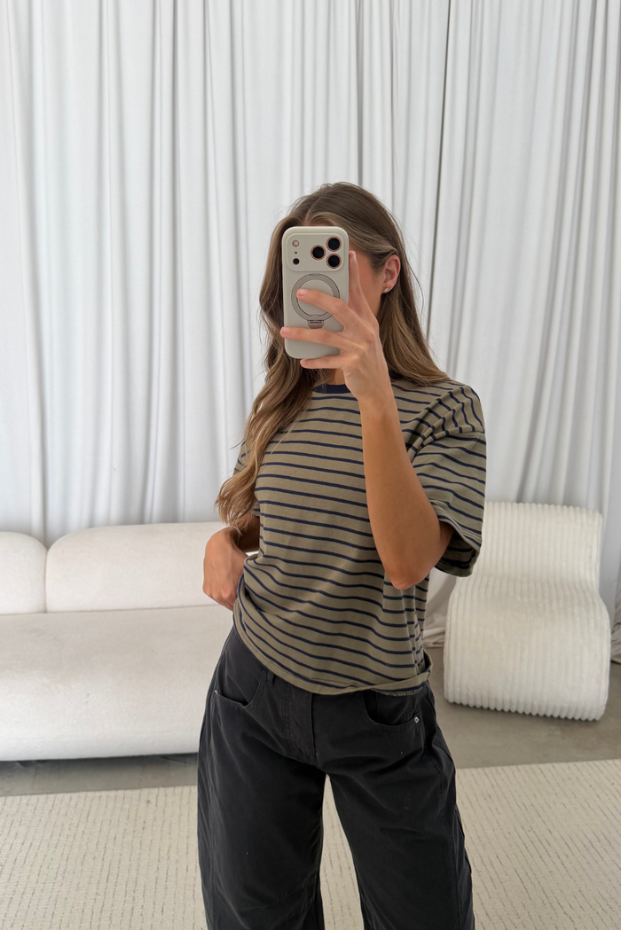 Hallie Striped Tee in Olive/Navy