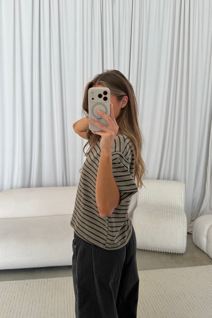 Hallie Striped Tee in Olive/Navy