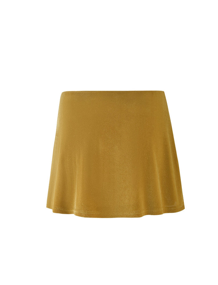A high-waisted, flared Harlowe Skirt in gold by TIGERMIST. The skirt boasts a smooth texture with a subtle sheen and falls to mid-thigh length, featuring an elegant, pattern-free design without any embellishments.