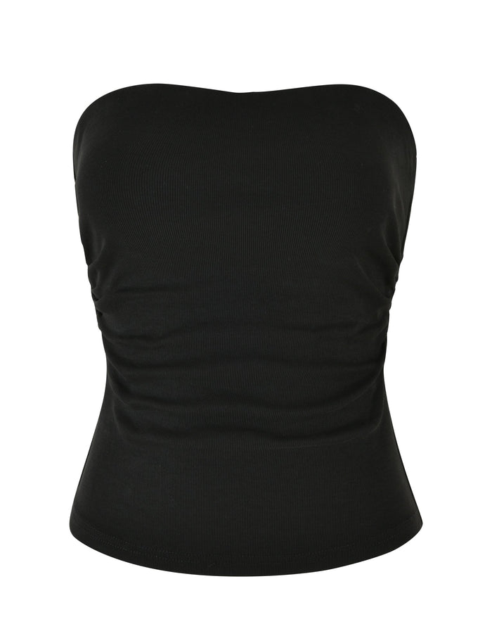 Black, HARRIETT RIB TUBE TOP by TIGERMIST, with a fitted bodycon silhouette, featuring subtle ruching on the sides for added texture and style. The fabric is stretchy and form-fitting, designed to hug the body's contours.
