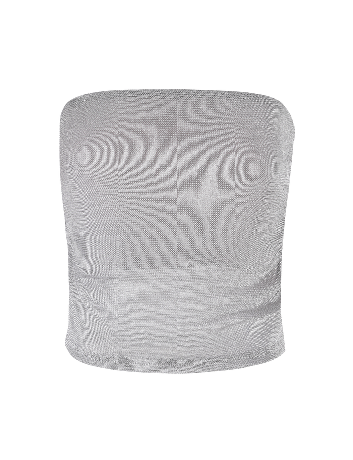 The TIGERMIST HARRIETT TUBE TOP in silver is a strapless, semi-sheer, stretchy sparkle jersey top shown on a white background.