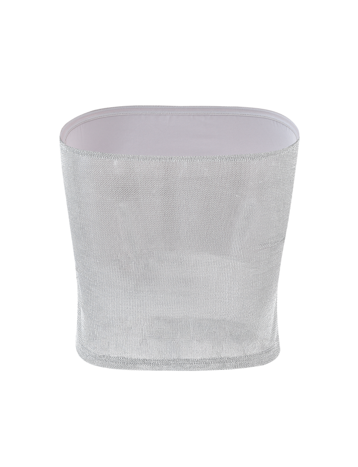 The HARRIETT TUBE TOP - SILVER by TIGERMIST is a strapless, shimmering silver mesh top made from sparkle jersey, shown against a plain white background.