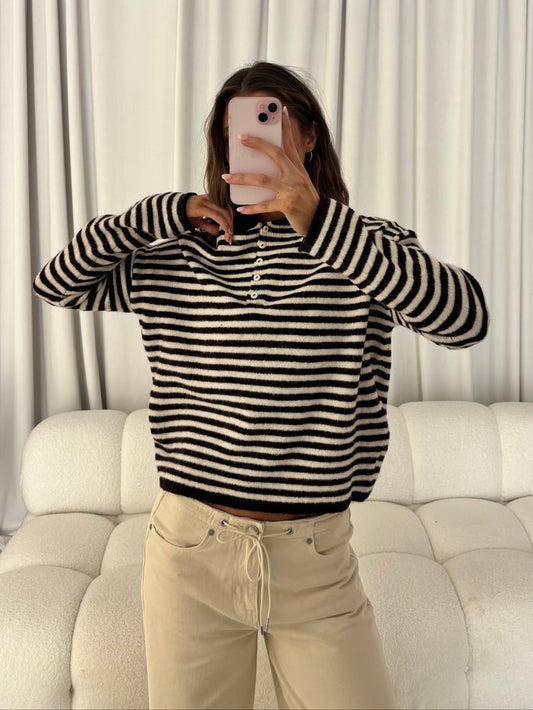 Hattie Striped Henley Pullover Sweater in Dark Wine