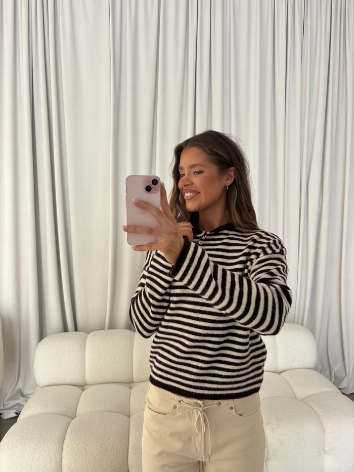 Hattie Striped Henley Pullover Sweater in Dark Wine