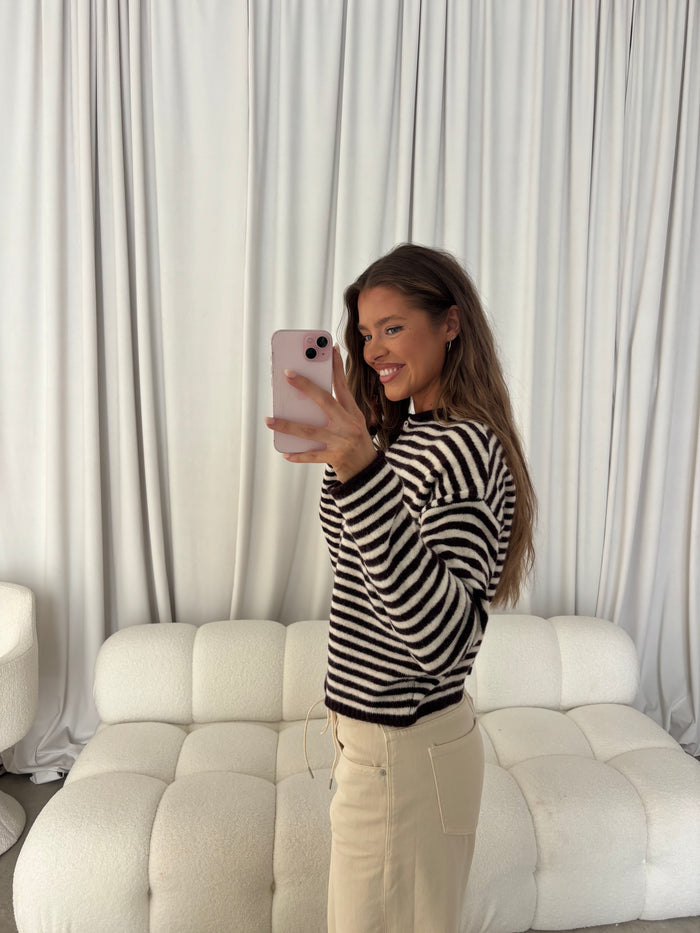 Hattie Striped Henley Pullover Sweater in Dark Wine