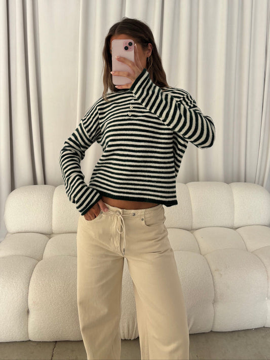 Hattie Striped Henley Pullover Sweater in Forest Green
