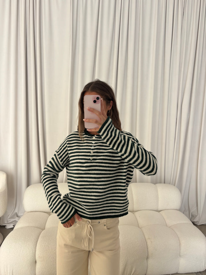 Hattie Striped Henley Pullover Sweater in Forest Green