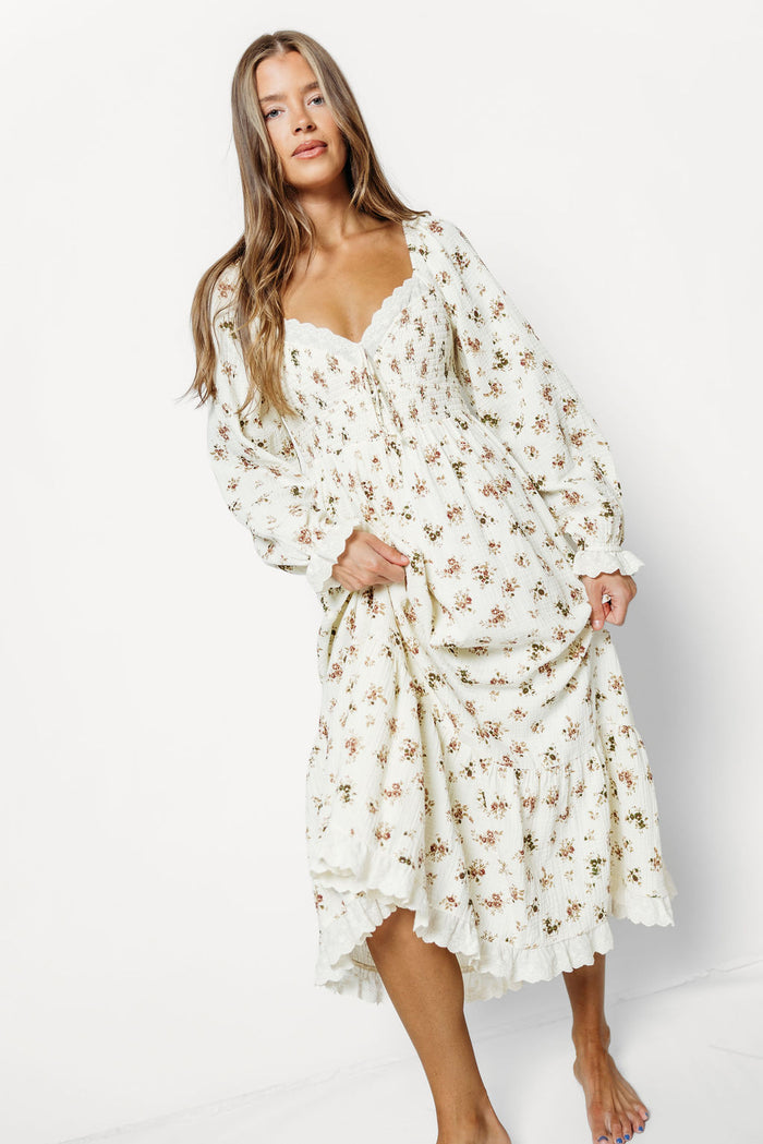Holdyn 100% Cotton Maxi Dress with Long Sleeves in Ivory Floral - Inclusive Sizing *9/16 PRE-ORDER*