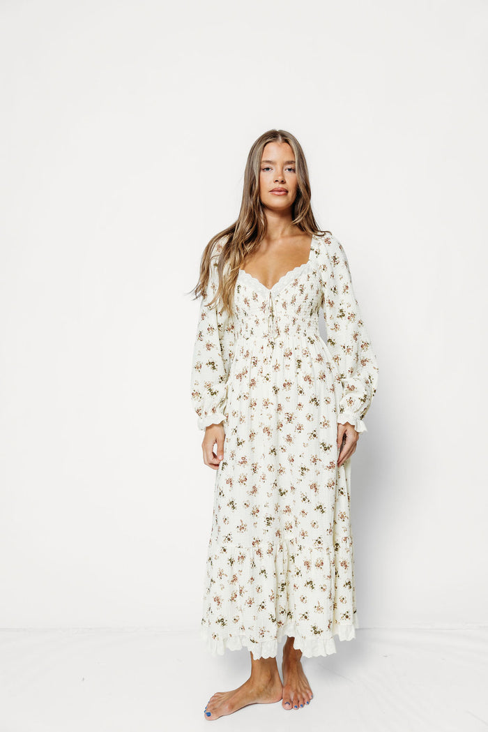 Holdyn 100% Cotton Maxi Dress with Long Sleeves in Ivory Floral - Inclusive Sizing *9/16 PRE-ORDER*