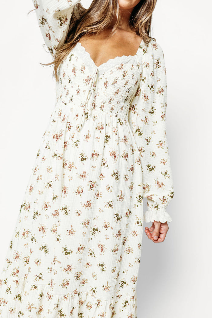 Holdyn 100% Cotton Maxi Dress with Long Sleeves in Ivory Floral - Inclusive Sizing *9/16 PRE-ORDER*