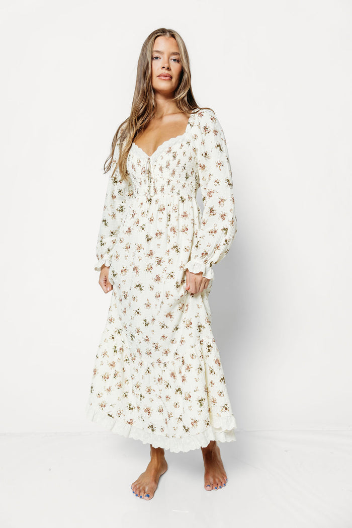 Holdyn 100% Cotton Maxi Dress with Long Sleeves in Ivory Floral - Inclusive Sizing *9/16 PRE-ORDER*