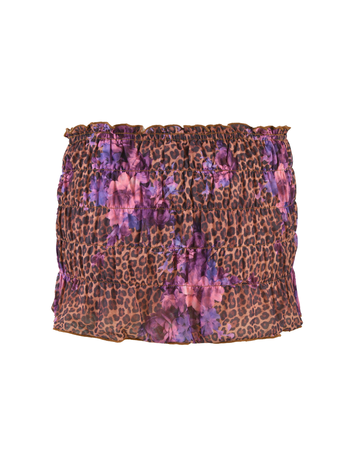 The TIGERMIST HOLLIS SKORT - NEUTRAL features a super mini silhouette in a floral leopard print with ruched detailing and an elastic waistband.