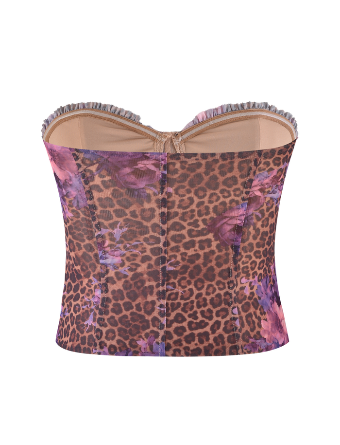 The HOLLIS TOP by TIGERMIST features a strapless tailored fit, neutral leopard print with pink-purple floral accents, ruffled top trim, and visible vertical stitching. The image displays the back of this Floral Leopard design.