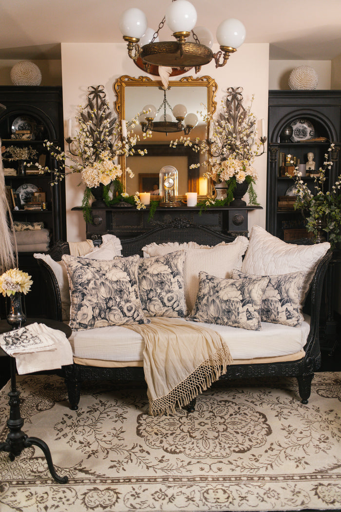 A soft velvet cotton cushion ft. 1900's floral lithographs - a garden dreamt up in ink - Market of Stars