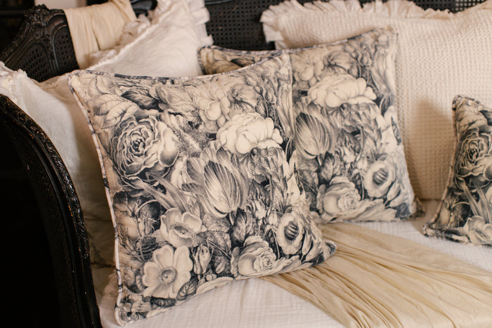A soft velvet cotton cushion ft. 1900's floral lithographs - a garden dreamt up in ink - Market of Stars