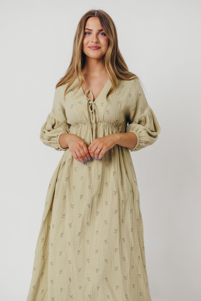 Hunter 100% Cotton Gauze Midi Dress in Thyme/Sage Foliage - Bump Friendly & Inclusive Sizing (XS-3XL)