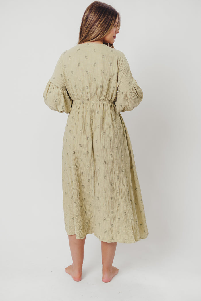 Hunter 100% Cotton Gauze Midi Dress in Thyme/Sage Foliage - Bump Friendly & Inclusive Sizing (XS-3XL)