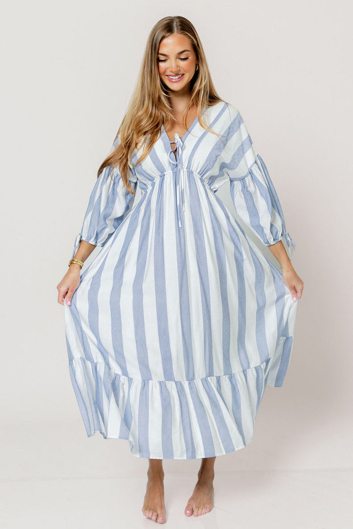 Hunter 100% Cotton Midi Dress in Blue Stripe - Bump Friendly & Inclusive Sizing