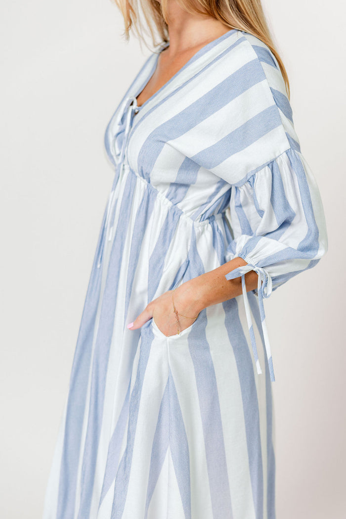 Hunter 100% Cotton Midi Dress in Blue Stripe - Bump Friendly & Inclusive Sizing