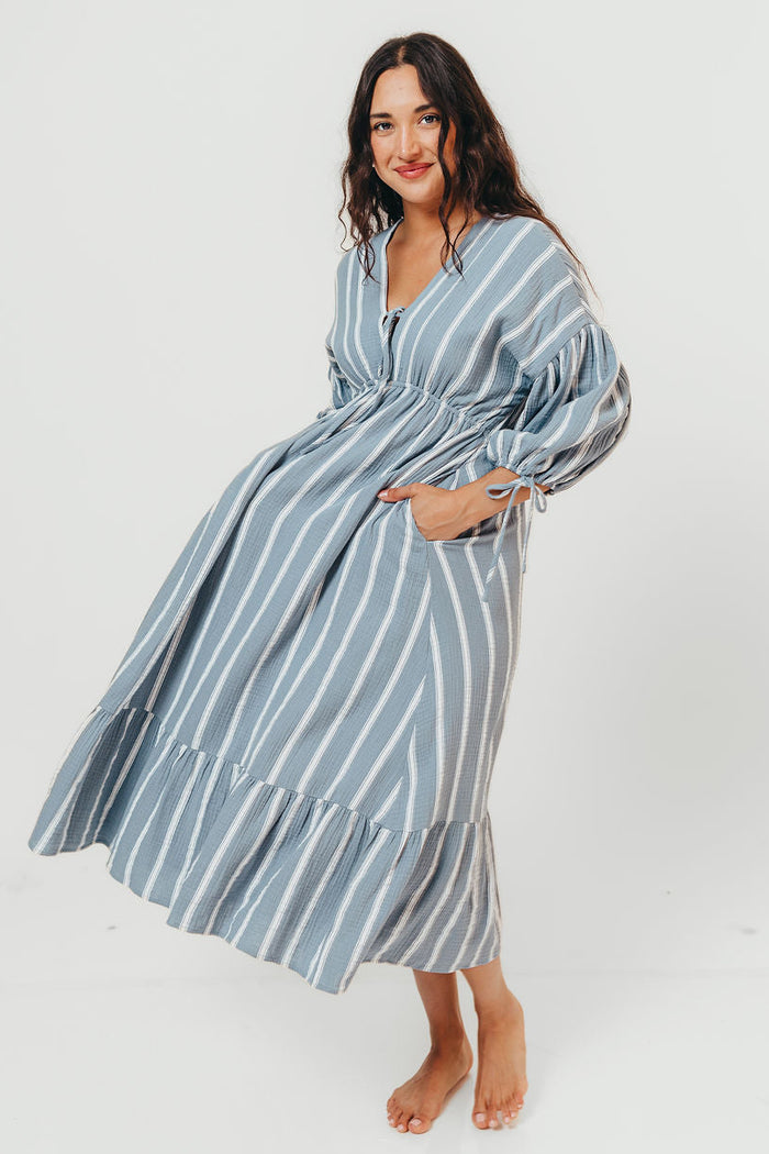 Hunter 100% Cotton Midi Dress in Dusty Blue - Bump Friendly & Inclusive Sizing