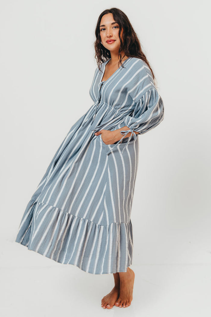 Hunter 100% Cotton Midi Dress in Dusty Blue - Bump Friendly & Inclusive Sizing