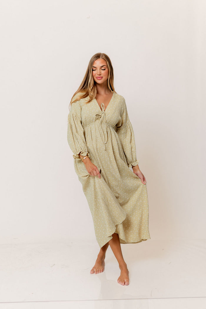 Hunter 100% Cotton Midi Dress in Green Haze Foliage - Bump Friendly