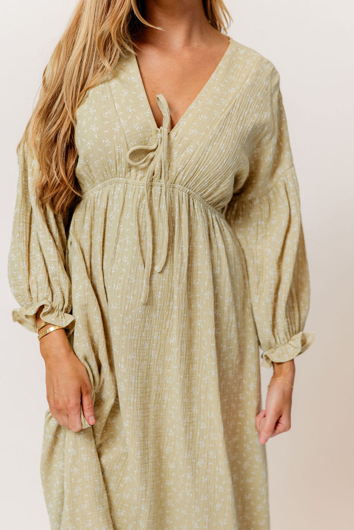 Hunter 100% Cotton Midi Dress in Green Haze Foliage - Bump Friendly