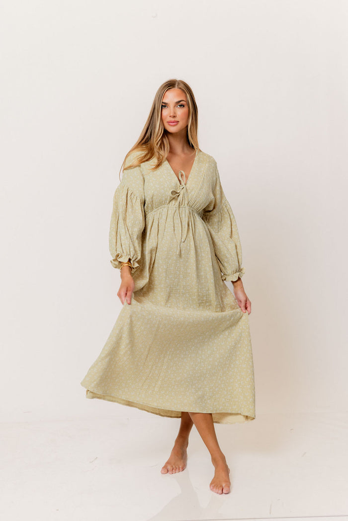 Hunter 100% Cotton Midi Dress in Green Haze Foliage - Bump Friendly