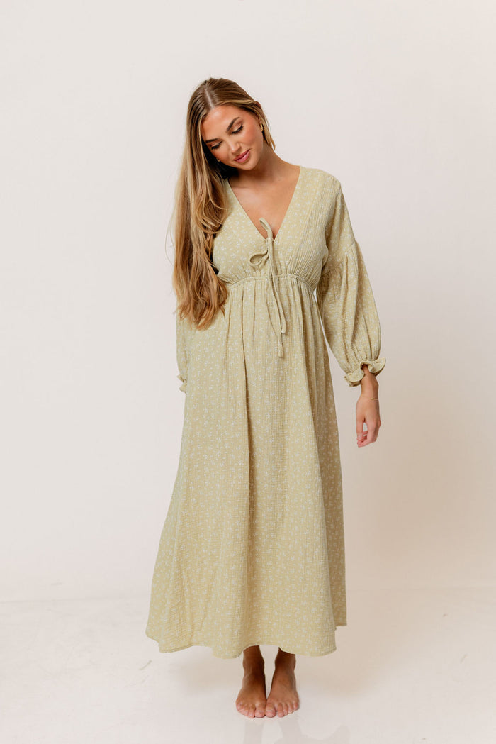 Hunter 100% Cotton Midi Dress in Green Haze Foliage - Bump Friendly