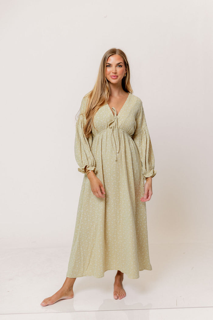 Hunter 100% Cotton Midi Dress in Green Haze Foliage - Bump Friendly