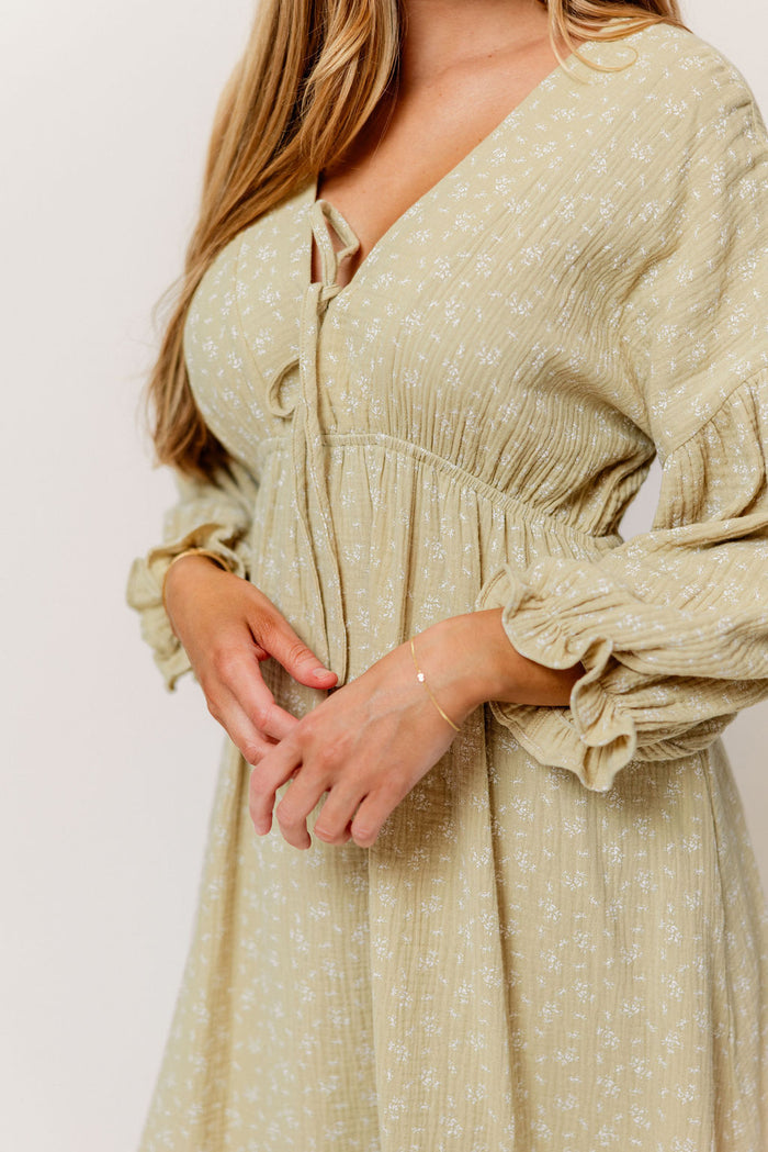 Hunter 100% Cotton Midi Dress in Green Haze Foliage - Bump Friendly