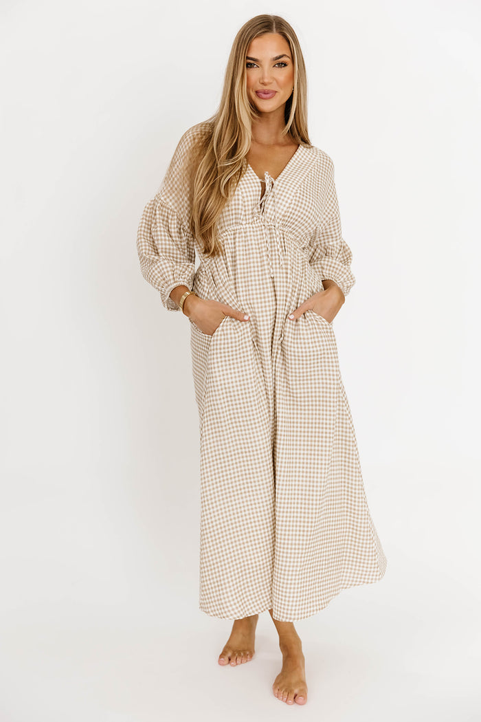 Hunter 100% Cotton Midi Dress in Natural Plaid - Bump Friendly